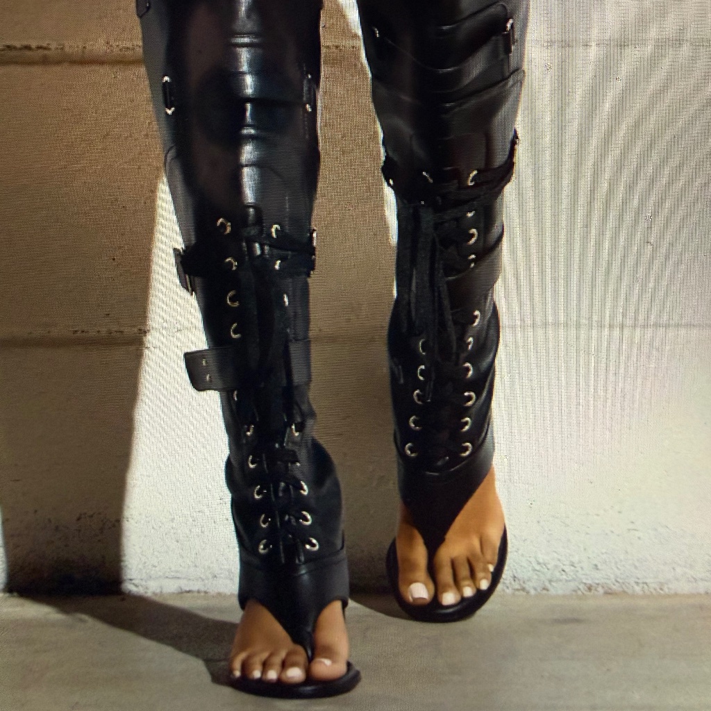 Black Lace-Up Open-Toe Heeled Boots